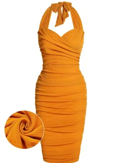 Fashion Retro Stage 1960s Solid Folds Halter Pencil Dress Orange