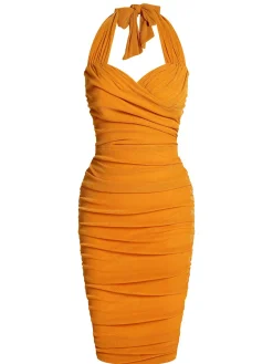 Fashion Retro Stage 1960s Solid Folds Halter Pencil Dress Orange