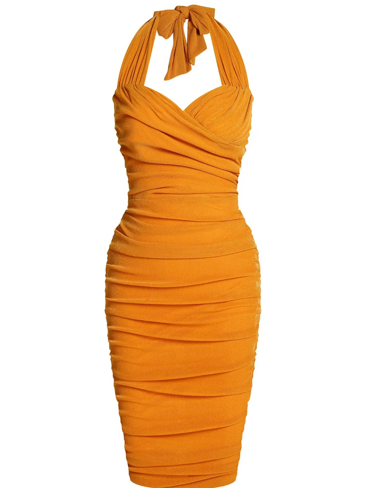Fashion Retro Stage 1960s Solid Folds Halter Pencil Dress Orange