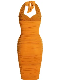 Fashion Retro Stage 1960s Solid Folds Halter Pencil Dress Orange