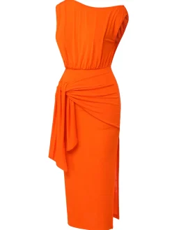 Clearance Retro Stage 1960s Solid One Shoulder Sleeveless Dress Orange