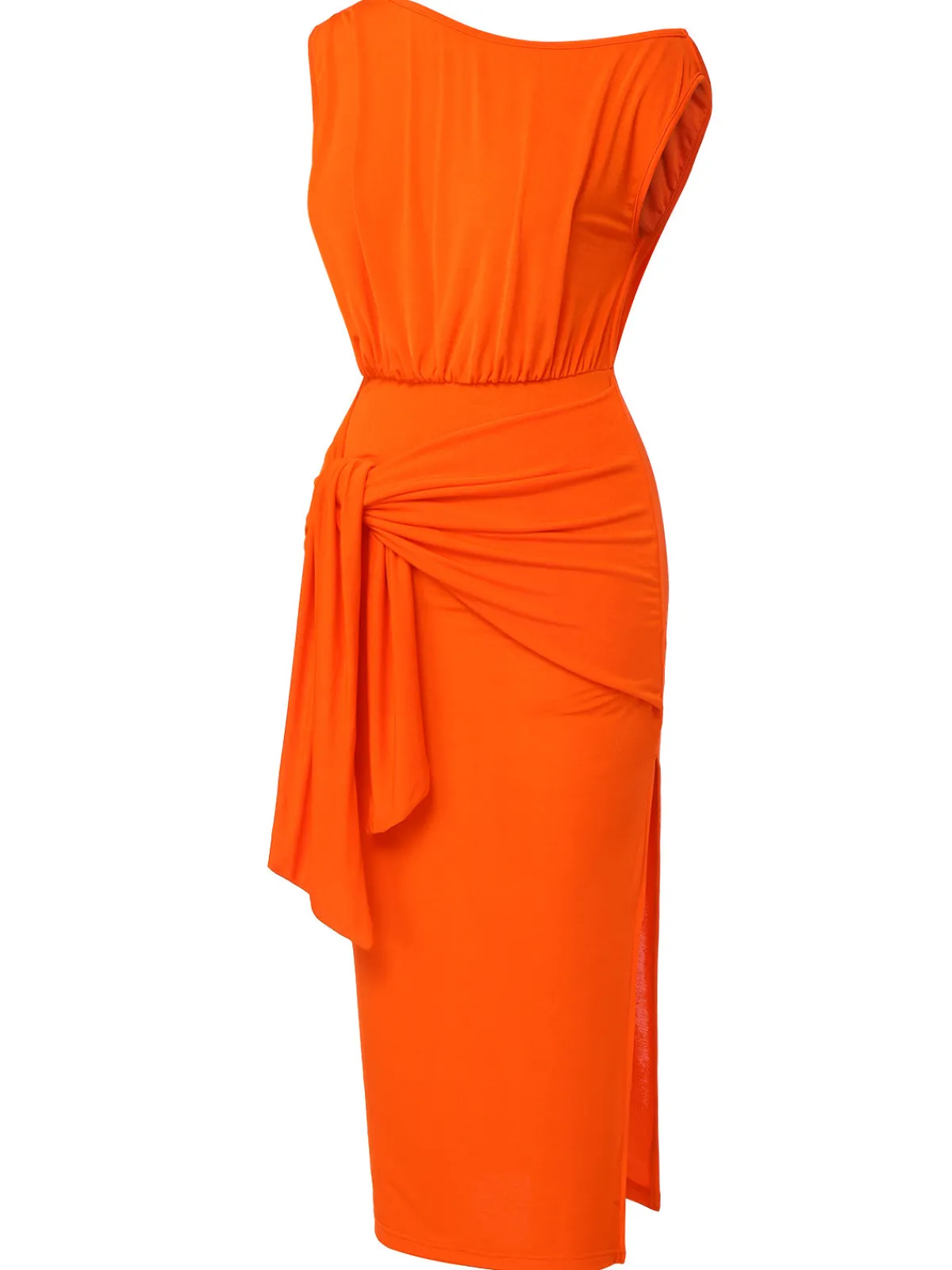 Clearance Retro Stage 1960s Solid One Shoulder Sleeveless Dress Orange