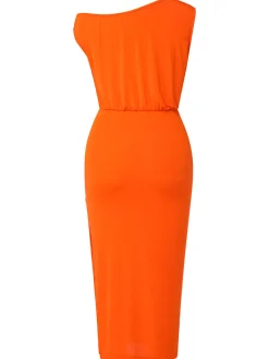 Clearance Retro Stage 1960s Solid One Shoulder Sleeveless Dress Orange