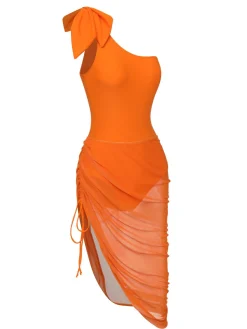 New Retro Stage 1940s Solid Swimsuit & High Low Cover-Up Orange