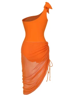 New Retro Stage 1940s Solid Swimsuit & High Low Cover-Up Orange