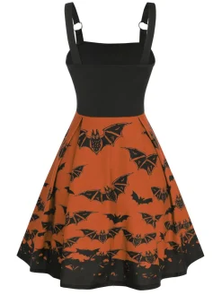 Online Retro Stage 1950s Strap Lace-up Swing Dress Orange
