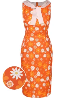 Best Retro Stage 1960s Tie Neck Floral Sleeveless Dress Orange