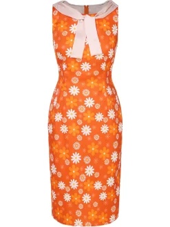 Best Retro Stage 1960s Tie Neck Floral Sleeveless Dress Orange