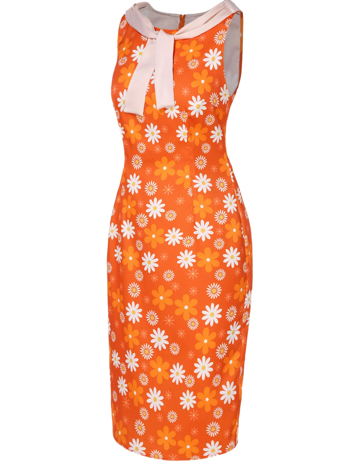 Best Retro Stage 1960s Tie Neck Floral Sleeveless Dress Orange