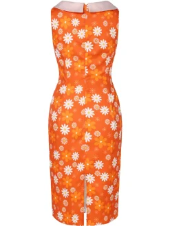 Best Retro Stage 1960s Tie Neck Floral Sleeveless Dress Orange