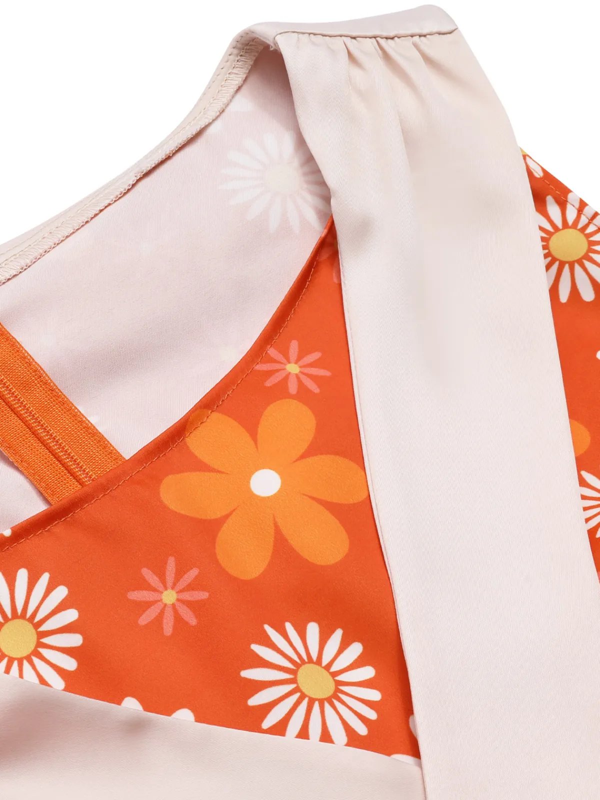 Best Retro Stage 1960s Tie Neck Floral Sleeveless Dress Orange