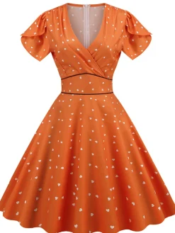 Hot Retro Stage 1950s V-Neck Heart Swing Dress Orange