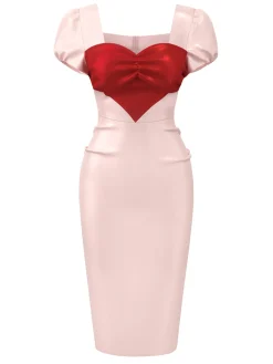 Clearance Retro Stage 1960s Heart Puff Pencil Dress Pale Pink