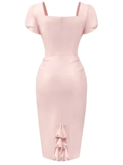 Clearance Retro Stage 1960s Heart Puff Pencil Dress Pale Pink