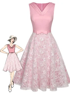Clearance Retro Stage 1950s Solid Lace Patchwork Dress Pale Pink