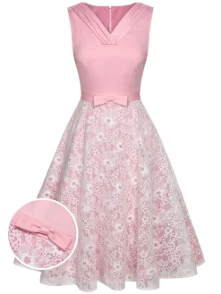 Clearance Retro Stage 1950s Solid Lace Patchwork Dress Pale Pink