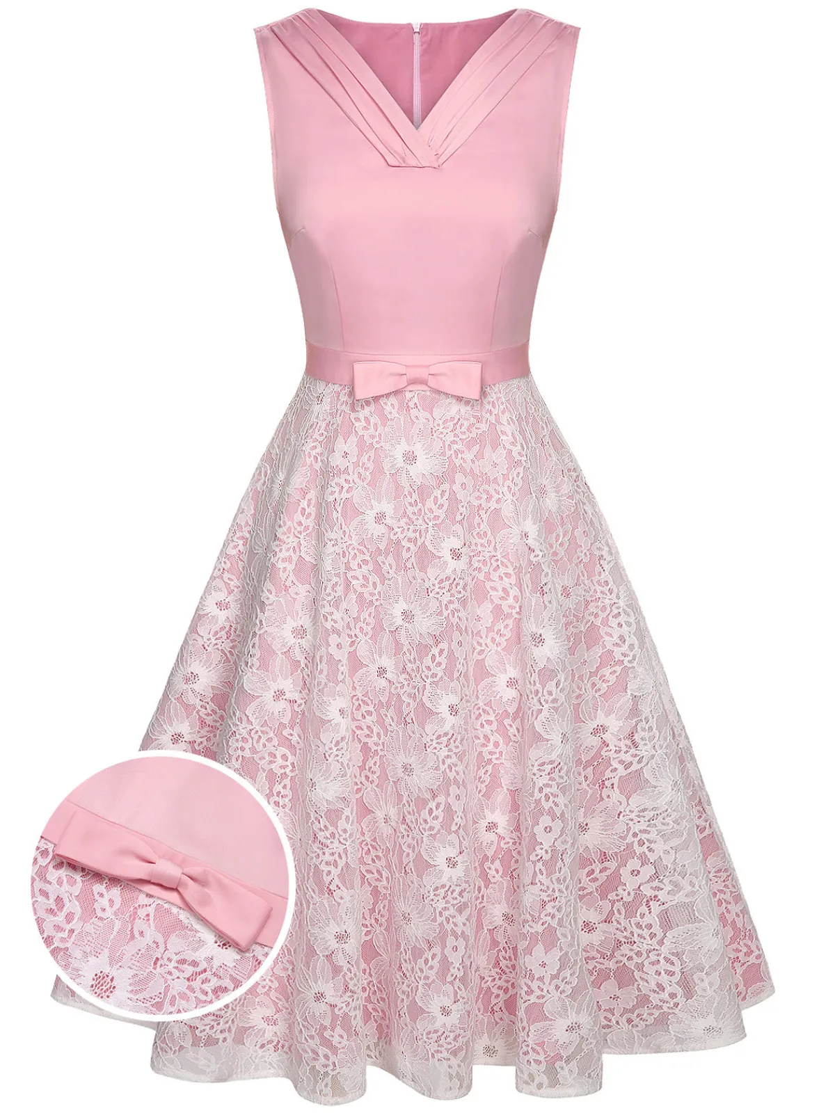Clearance Retro Stage 1950s Solid Lace Patchwork Dress Pale Pink