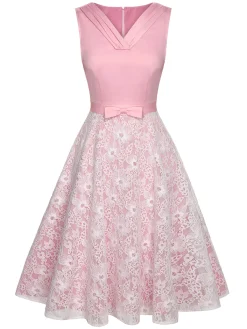 Clearance Retro Stage 1950s Solid Lace Patchwork Dress Pale Pink