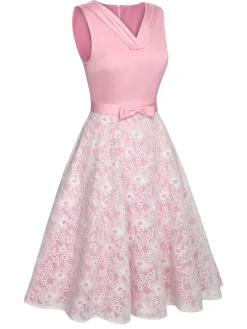 Clearance Retro Stage 1950s Solid Lace Patchwork Dress Pale Pink