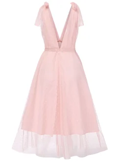 Sale Retro Stage 1950s Solid Polka Dots Lace-Up Dress Pale Pink