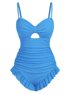 Discount Retro Stage Pale Pink 1950s Solid Ruched Swimsuit