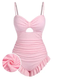 New Retro Stage Pale Pink 1950s Solid Ruched Swimsuit