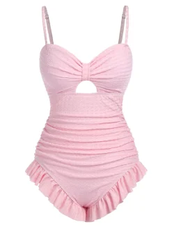 New Retro Stage Pale Pink 1950s Solid Ruched Swimsuit