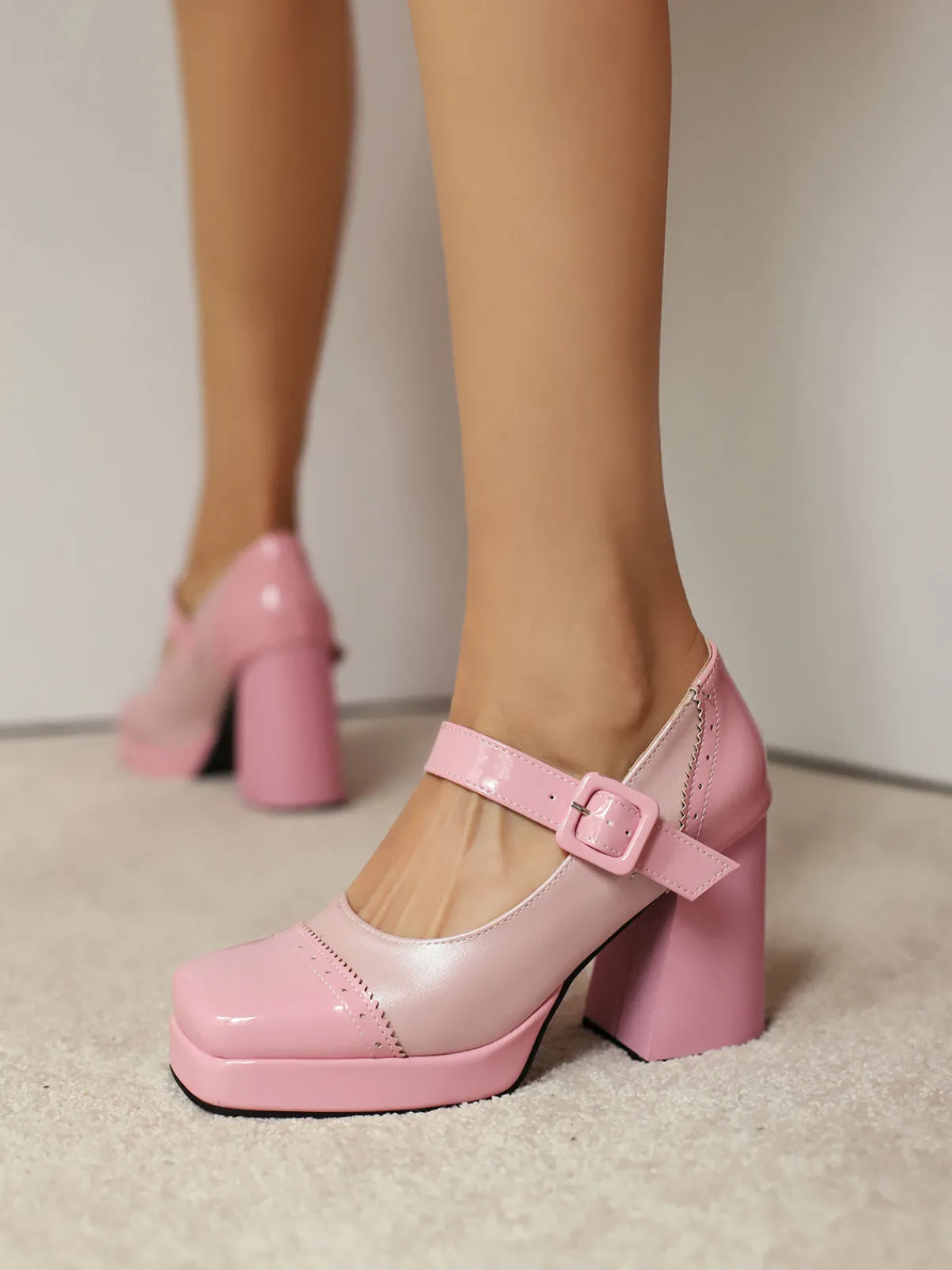 Hot Retro Stage Patent Leather Block Heel Square Toe High Heels