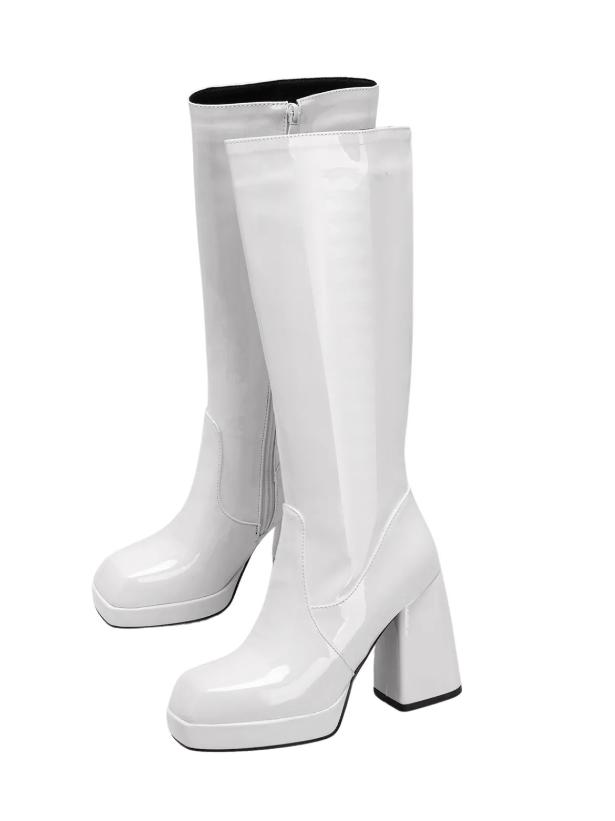 Outlet Retro Stage Patent Leather Round Toe Solid High Heel Boots