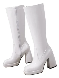 Outlet Retro Stage Patent Leather Round Toe Solid High Heel Boots