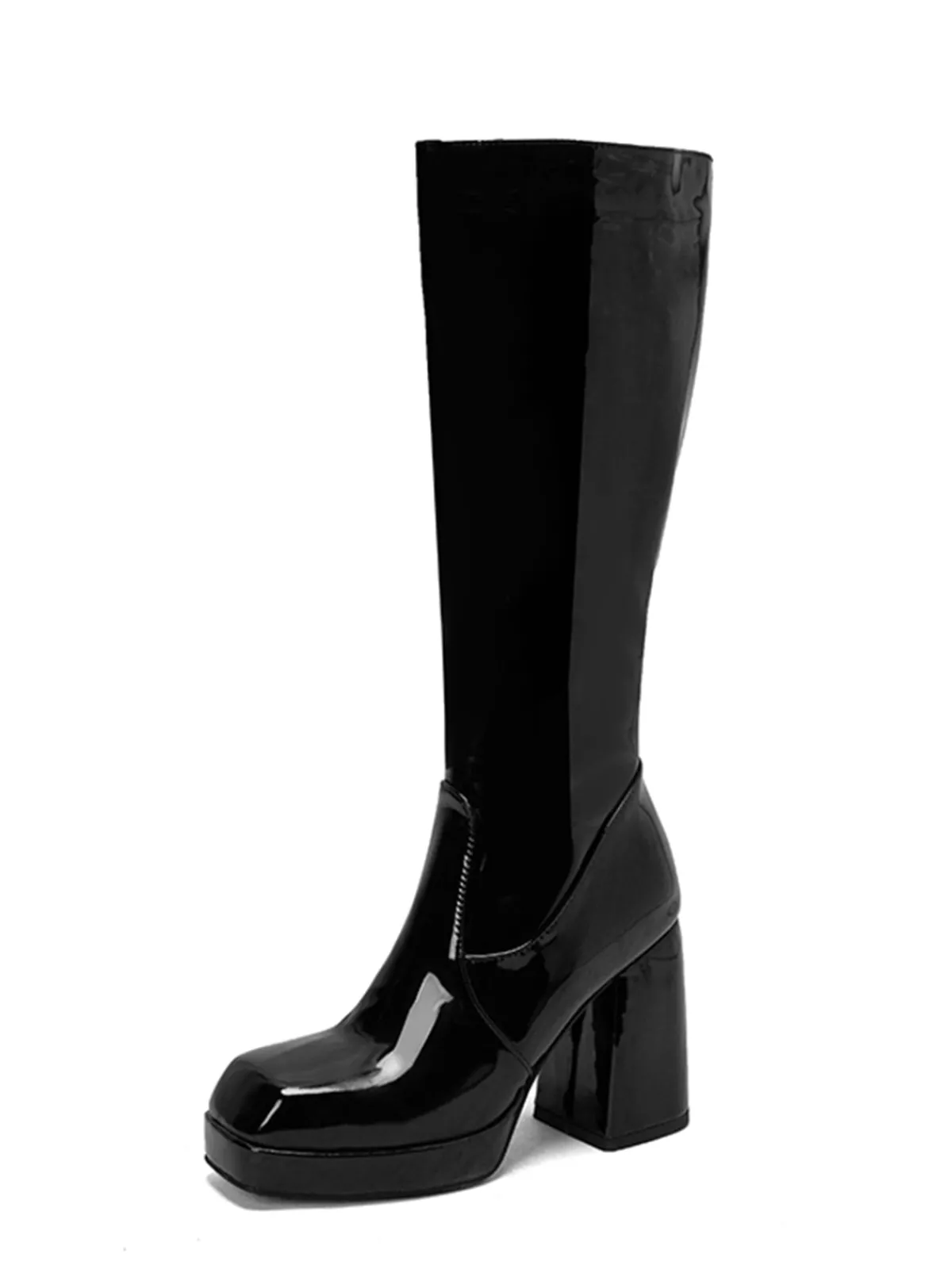 Outlet Retro Stage Patent Leather Round Toe Solid High Heel Boots