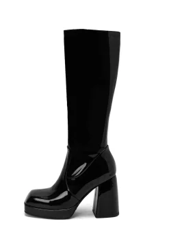 Outlet Retro Stage Patent Leather Round Toe Solid High Heel Boots