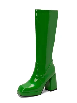 Outlet Retro Stage Patent Leather Round Toe Solid High Heel Boots