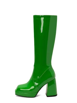 Outlet Retro Stage Patent Leather Round Toe Solid High Heel Boots