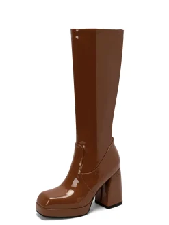 Outlet Retro Stage Patent Leather Round Toe Solid High Heel Boots