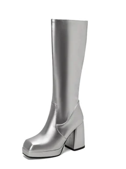Outlet Retro Stage Patent Leather Round Toe Solid High Heel Boots