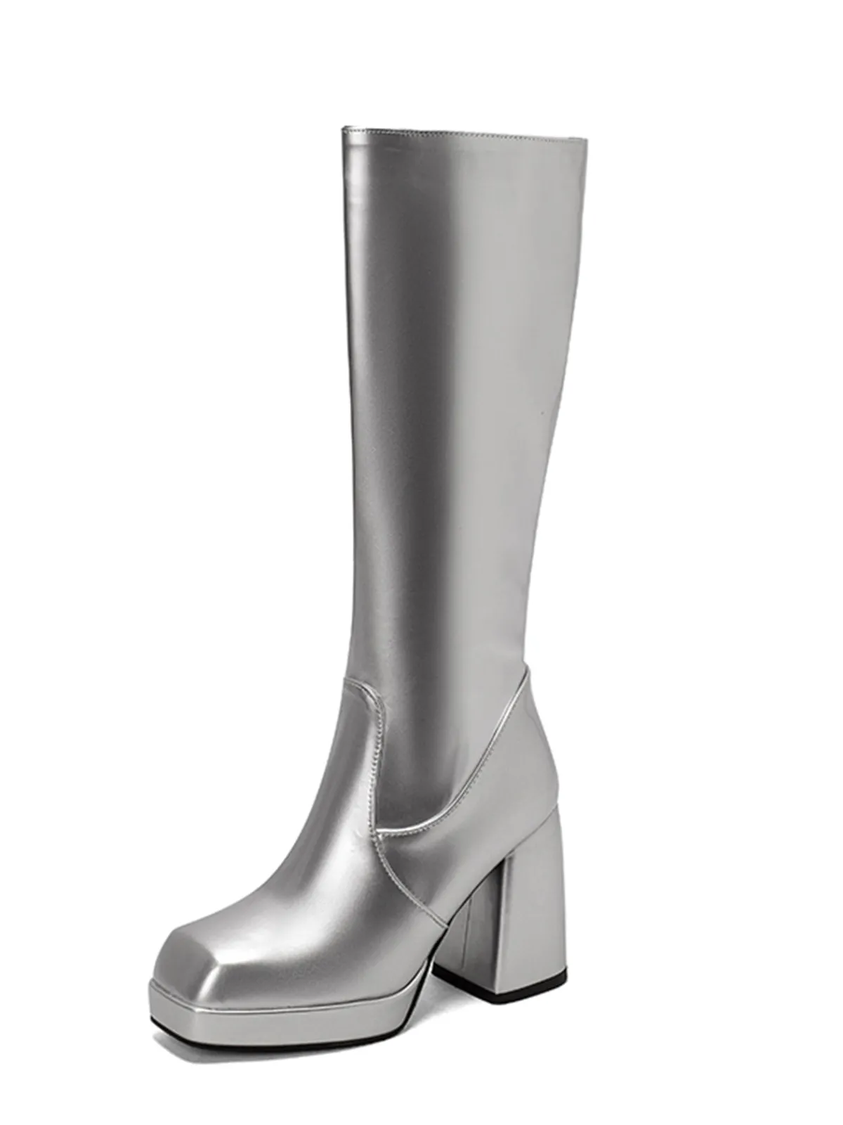 Outlet Retro Stage Patent Leather Round Toe Solid High Heel Boots
