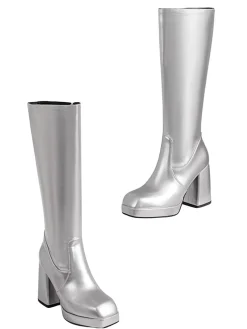 Outlet Retro Stage Patent Leather Round Toe Solid High Heel Boots