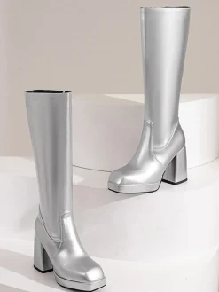 Outlet Retro Stage Patent Leather Round Toe Solid High Heel Boots