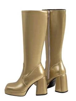 Outlet Retro Stage Patent Leather Round Toe Solid High Heel Boots