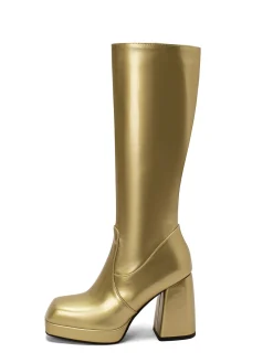 Outlet Retro Stage Patent Leather Round Toe Solid High Heel Boots