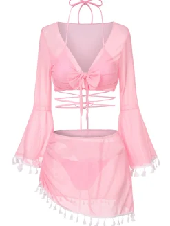 Best Retro Stage 4PCS 1940s Fringe V-Neck Swimsuit & Cover-Up