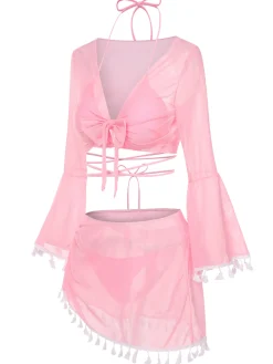 Best Retro Stage 4PCS 1940s Fringe V-Neck Swimsuit & Cover-Up