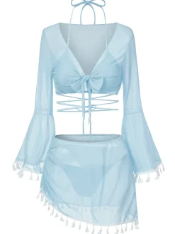 Best Retro Stage 4PCS 1940s Fringe V-Neck Swimsuit & Cover-Up