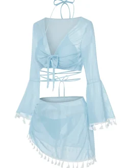 Best Retro Stage 4PCS 1940s Fringe V-Neck Swimsuit & Cover-Up
