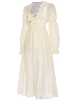 Online Retro Stage 2PCS Apricot 1950s Floral Straps Slit Nightgown & Robe