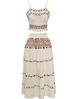 Best Retro Stage 2PCS 1970s Bohemian Fringe Strap Top & Skirt Beige