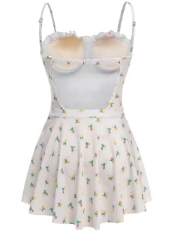 Best Retro Stage 2PCS 1950s Floral One-Piece Swimsuit & Skirt Beige
