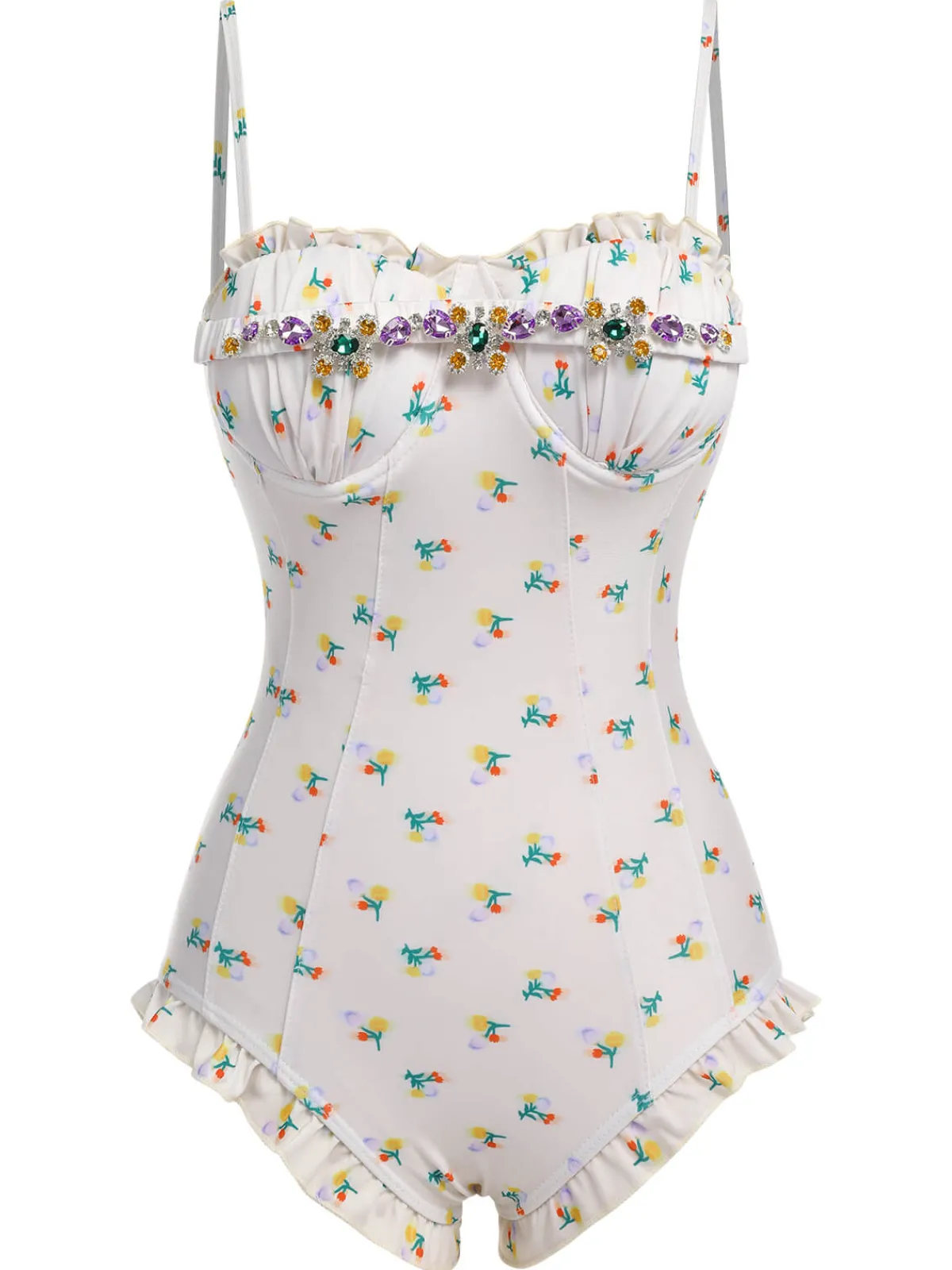 Best Retro Stage 2PCS 1950s Floral One-Piece Swimsuit & Skirt Beige
