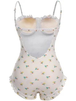 Best Retro Stage 2PCS 1950s Floral One-Piece Swimsuit & Skirt Beige